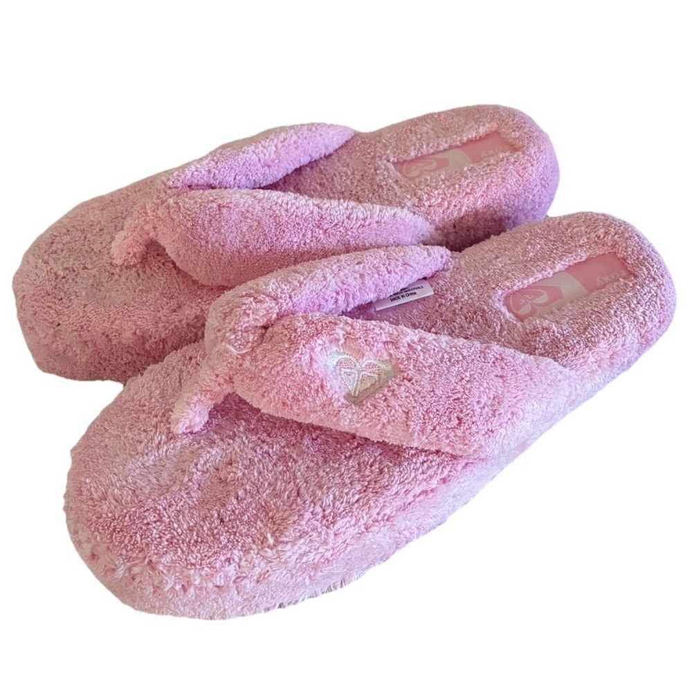 Roxy‎ Slippers Women's M Pink Fuzzy Flip Flop Sandals Geisha Lounge Bath NEW